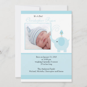 Carte d'annonce photo de bébé garçon éléphant bleu