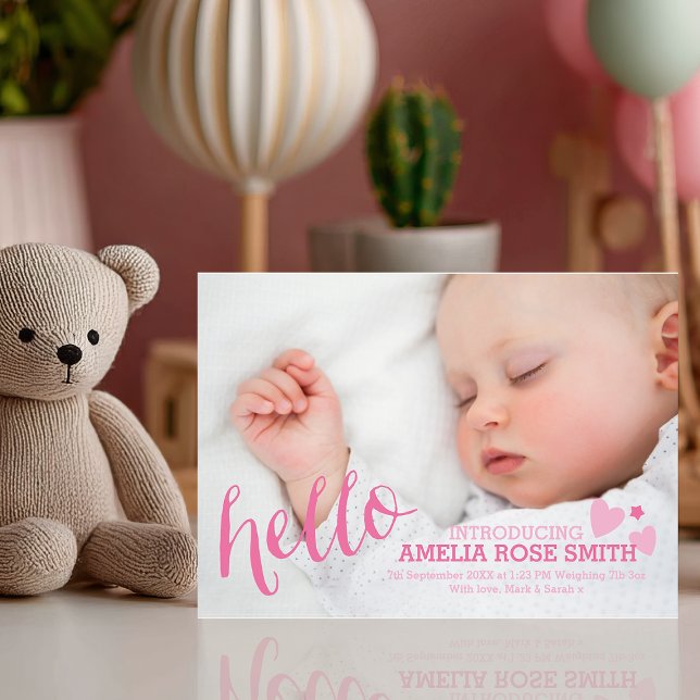 Carte d'annonce/ remerciement de naissance de bébé (Say "hello" to your little one with this charming and customizable baby girl announcement card.)