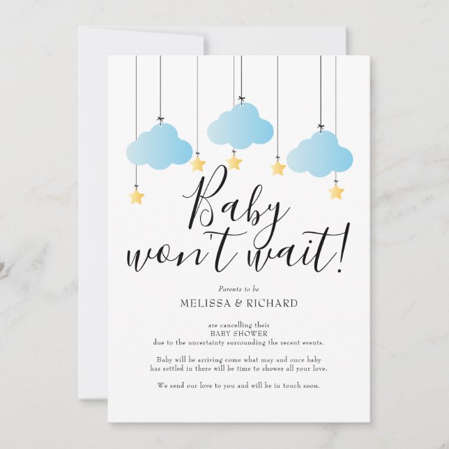 Carte d'annulation de Baby Shower pour garçon bleu (Devant)