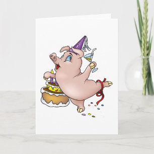 Carte Danse Anniversaire Cochon avec gâteau et cocktail