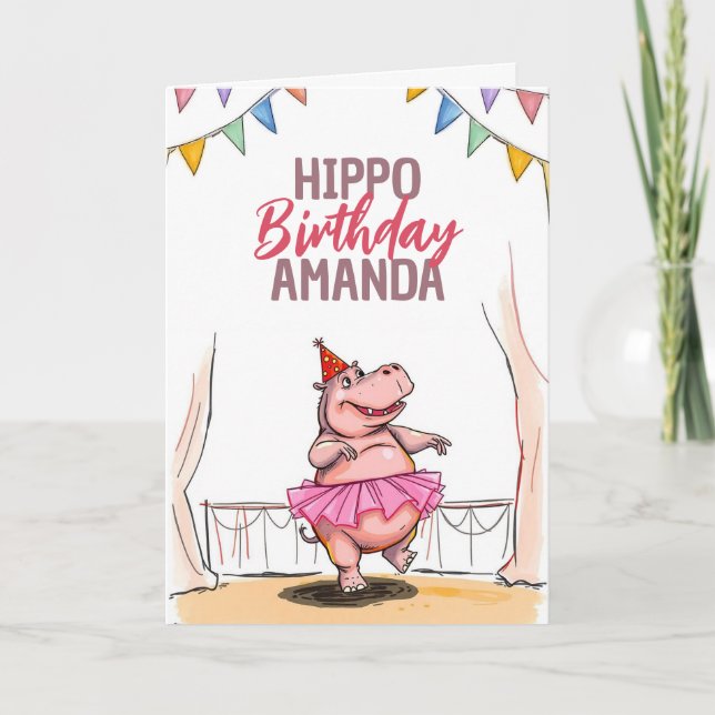 Carte Danser rose Danser Hippo Anniversaire (Devant)