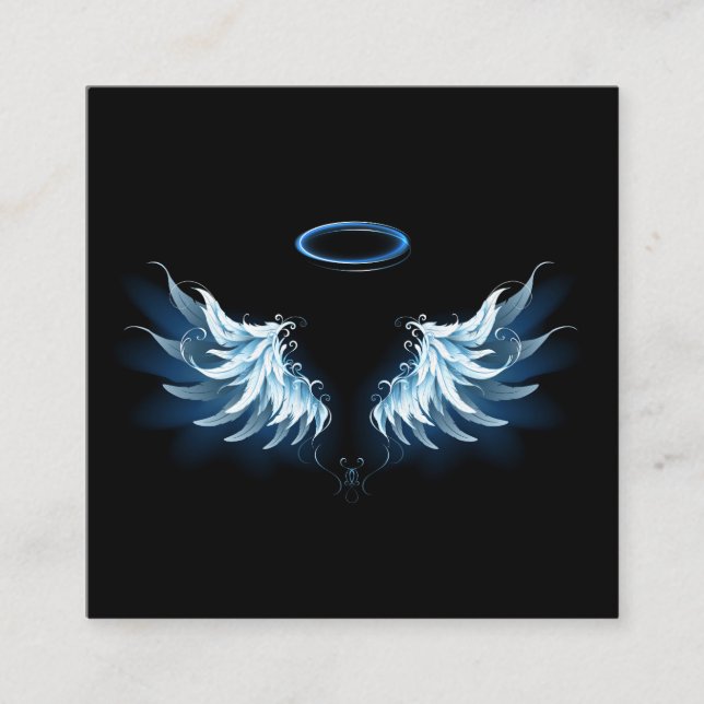 Carte D'appel Ailes d'ange bleues lumineuses sur fond noir (Devant)