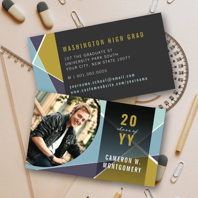 Carte D'appel Blue Stylish Lignes géométriques Mood Photo Gradué (Blue Stylish Geometric Criss Cross Photo Graduation Calling / Name Card @ zazzle.com/color_therapy)
