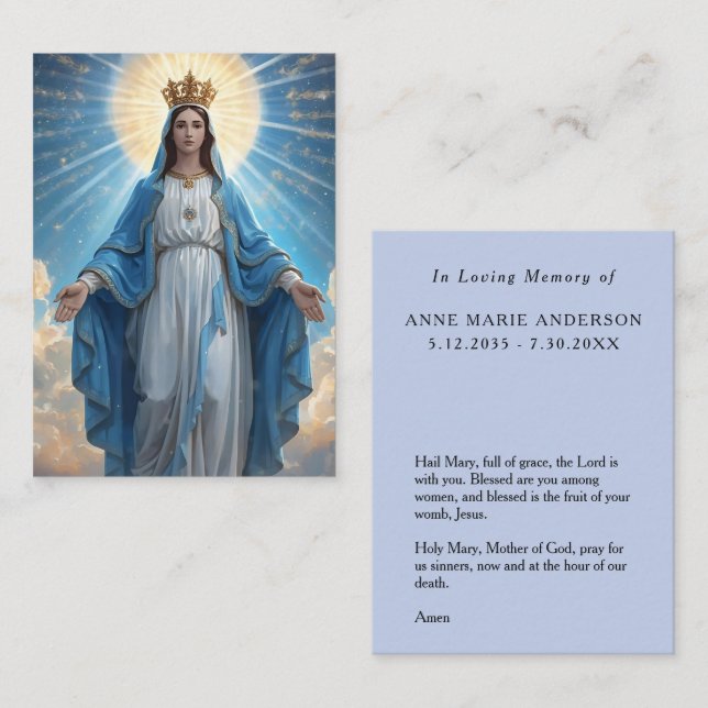 Carte D'appel Blue VIrgin Mary Memorial Card (Devant / Derrière)