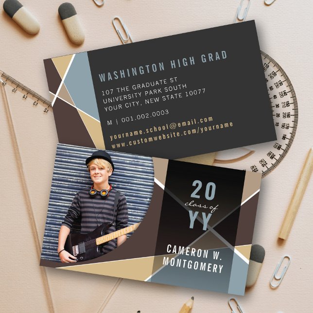Carte D'appel Brown Stylish Lignes géométriques Mood Photo Gradu (Brown Stylish Geometric Criss Cross Photo Graduation Calling / Name Card @ zazzle.com/color_therapy)