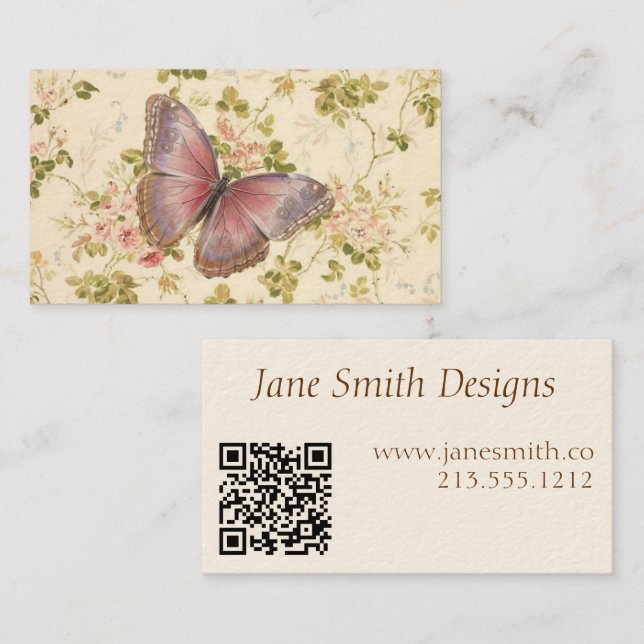 Carte D'appel Butterfly & Vines Shabby Chic QR Code (Devant / Derrière)