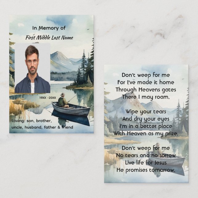 Carte D'appel Christian Memorial Keepsake Fishing Lake in Boat (Devant / Derrière)