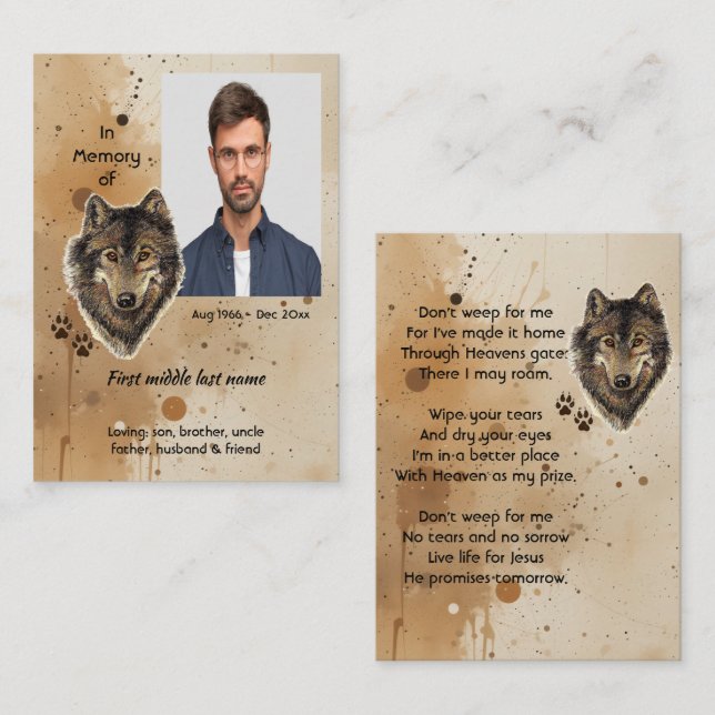Carte D'appel Christian Memorial Keepsake Wolf Wolves Animal (Devant / Derrière)