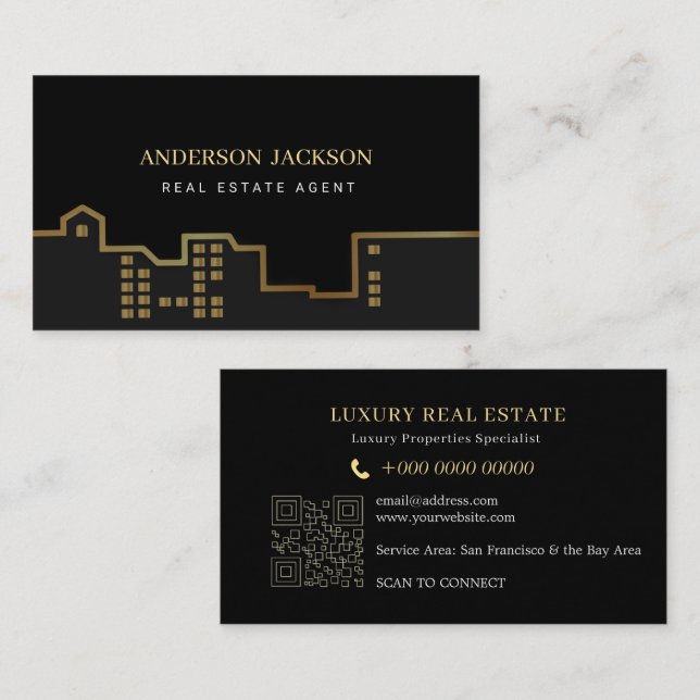 Carte D'appel Code QR Agent Immobilier Luxe Noir Or (Devant / Derrière)