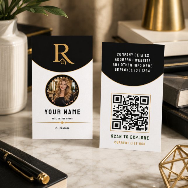 Carte D'appel Code QR d'identification de luxe en or noir pour l (Luxury Black Gold Modern Real Estate QR Code ID Calling Card)