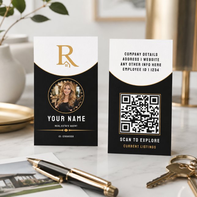 Carte D'appel Code QR d'identité de luxe noir or moderne immobil (Luxury Black Gold Modern Real Estate QR Code ID Calling Card
)