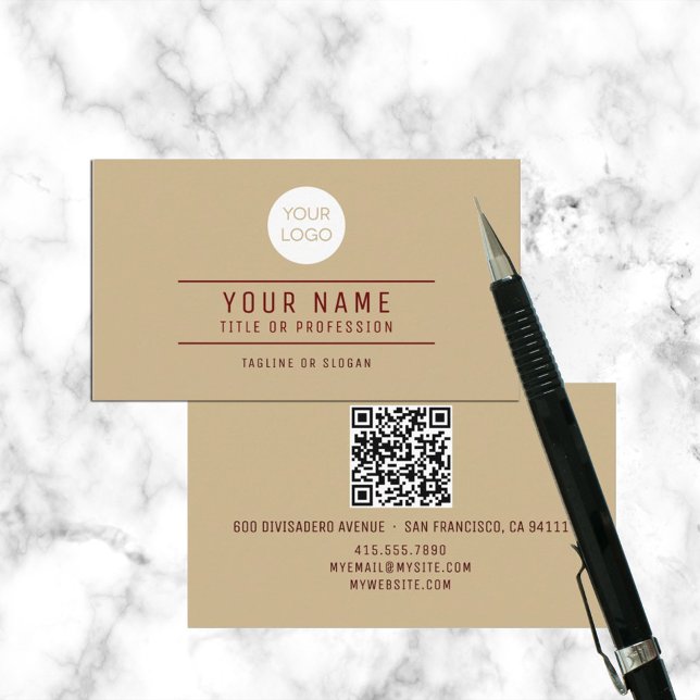 Carte D'appel Code QR Light Nom Brown Professionnel Logo (QR Code Light Brown Name Professional Calling Card Business Card)