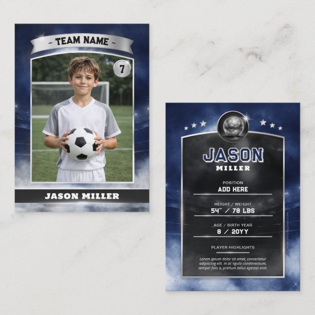 Carte D'appel Custom Soccer Trading Card, Blue Silver Stadium (Devant / Derrière)