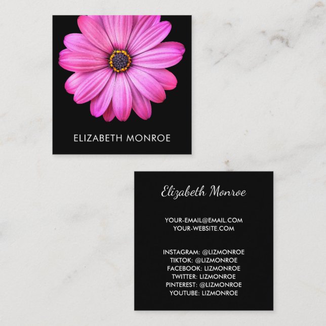 Carte D'appel Daisy rose vif sur carré noir (Devant / Derrière)