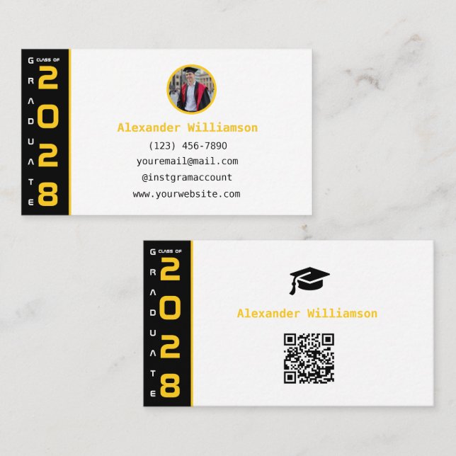 Carte D'appel Diplômé Code QR Noir Jaune Moderne Cérémonie de Re (Devant / Derrière)