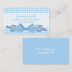Carte D'appel En vichy Bleu Doux avec Fleurs et maman Bow