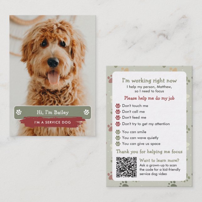 Carte D'appel Explication de l'étiquette du chien de service pou (Devant / Derrière)