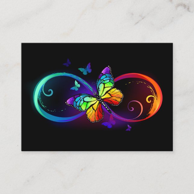 Carte D'appel Infini vibrant avec papillon arc-en-ciel sur noir (Devant)