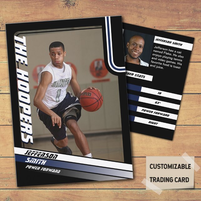 Carte D'appel Joueur de basket-ball Personnalisé Black Trading C (Basketball Player Trading Card in Black with custom team name and player name with Blue stripes
)