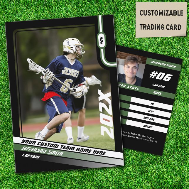 Carte D'appel Lacrosse Player Trading Card en vert noir (Lacrosse Player Trading Card in Black with Custom Team Name and Green White Elements)