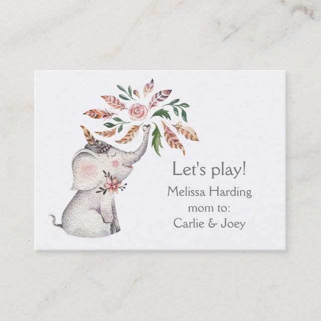 Carte D'appel L'éléphant d'aquarelle de Boho fleurit maman (Devant)