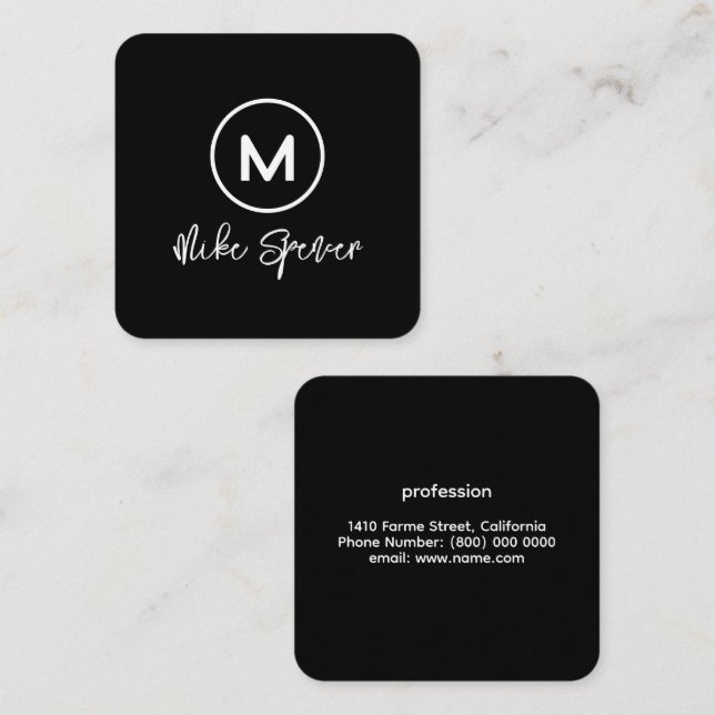 Carte D'appel Monogramme circulaire sur carré noir (Devant / Derrière)