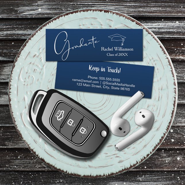 Carte D'appel Nom du diplôme Marine Blue (Small navy blue Graduation Calling Cards are 3" x 1", hand out to friends keep in touch)