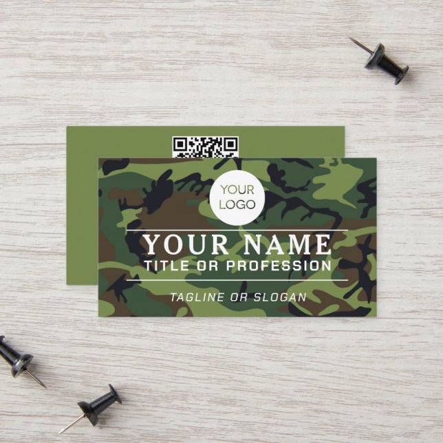 Carte D'appel Nom du logo professionnel QR Code Camo vert milita (Devant/Arrière en situation)