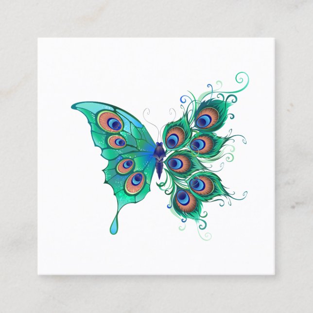 Carte D'appel Papillon aux plumes de paon vert (Devant)
