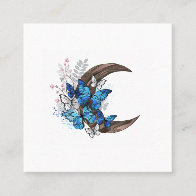 Carte D'appel Papillons bleus sur croissant en bois (Devant)