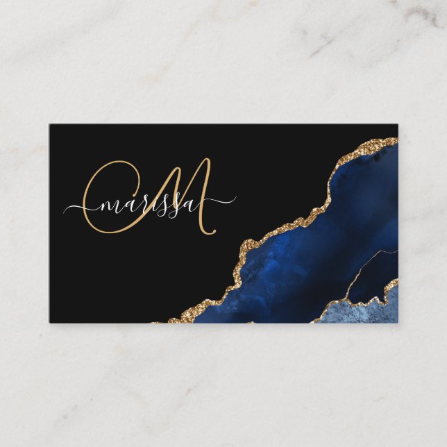 Carte D'appel Parties scintillant d'or bleu Géode Monogramme (Devant)