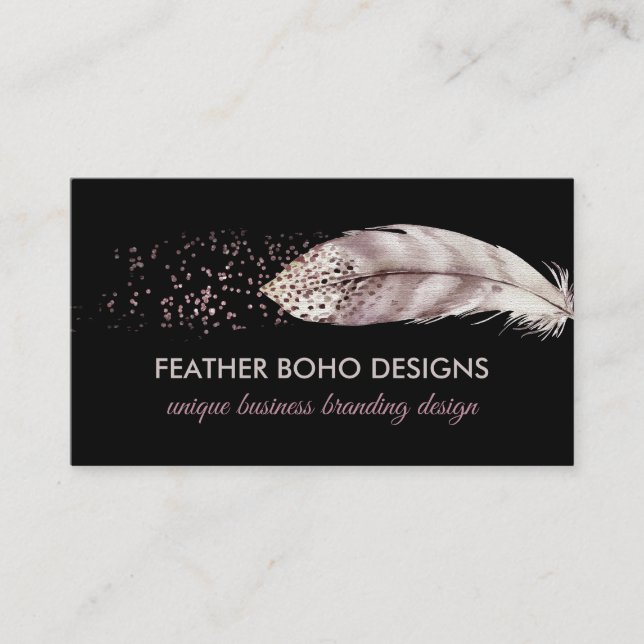 Carte D'appel Plume d'oiseau rose Boho Girly noir (Devant)