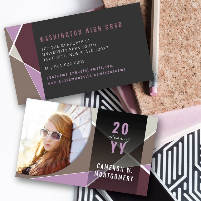 Carte D'appel Purple Stylish Lignes géométriques Mood Photo Grad (Purple Stylish Geometric Criss Cross Photo Graduation Calling / Name Card @ zazzle.com/color_therapy)