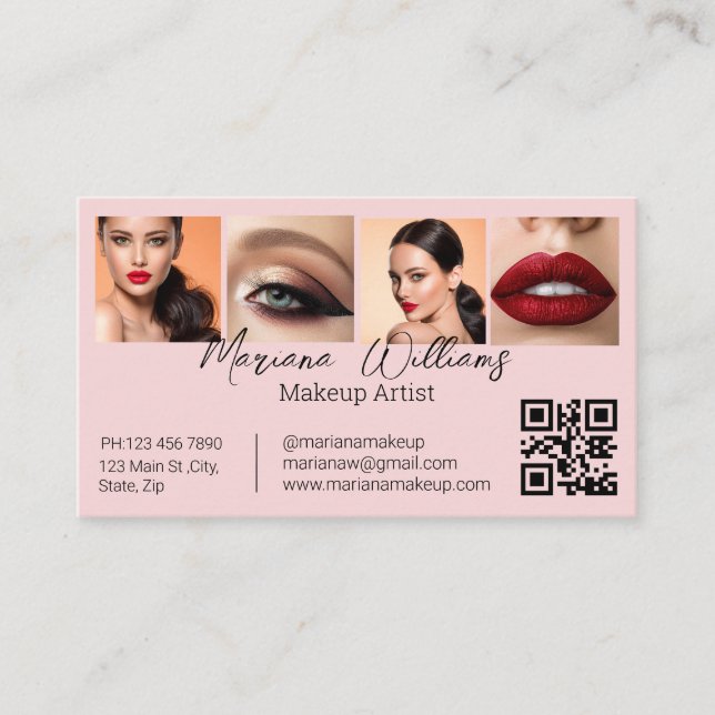 Carte D'appel qr code makeup artist 4 photos pink business (Devant)