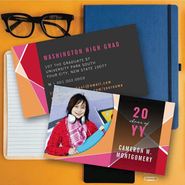 Carte D'appel Rouge Rose Lignes Géométriques Style Mod Photo Gra (Fuchsia Stylish Geometric Criss Cross Photo Graduation Calling/Name Card @ zazzle.com/color_therapy)