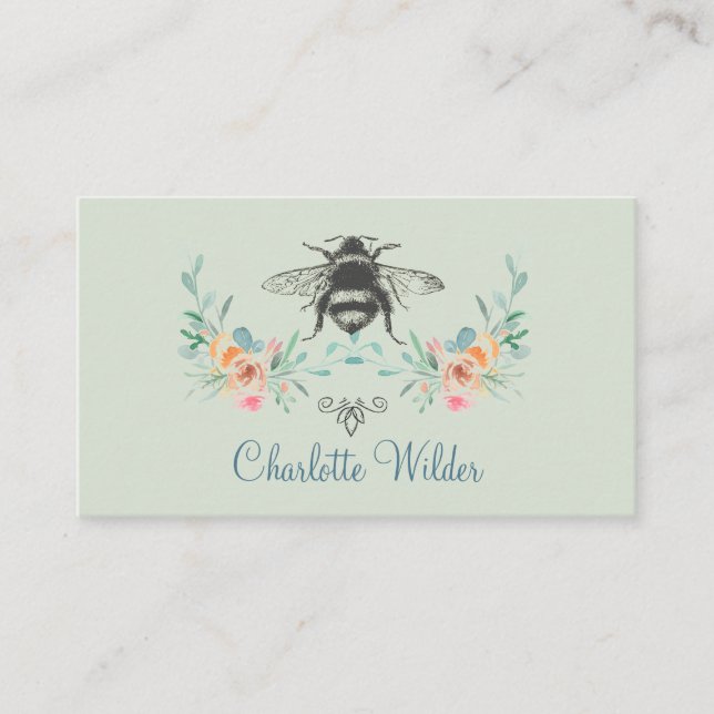 Carte D'appel Signature de script Personnalisé Bee Floral Vert (Devant)