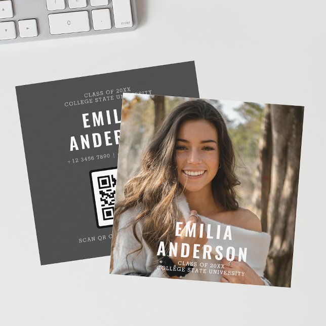 Carte D'appel Simple moderne Black Graduation Photo QR Code Info (Square business card )