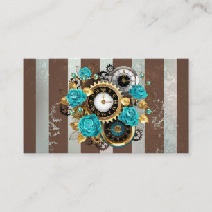 Carte D'appel Steampunk Clock and Turquoise Roses on Striped