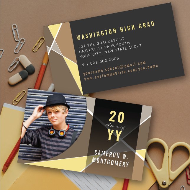 Carte D'appel Tan Stylish Lignes géométriques Mood Photo Gradué (Tan Stylish Geometric Criss Cross Photo Graduation Calling / Name Card @ zazzle.com/color_therapy)