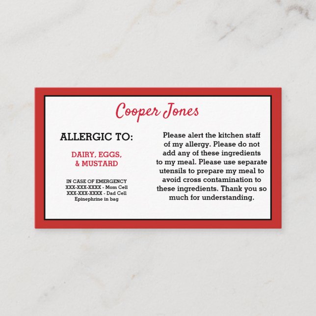 Carte D'appel Urgence rouge de restaurant d'alerte d'allergie (Devant)