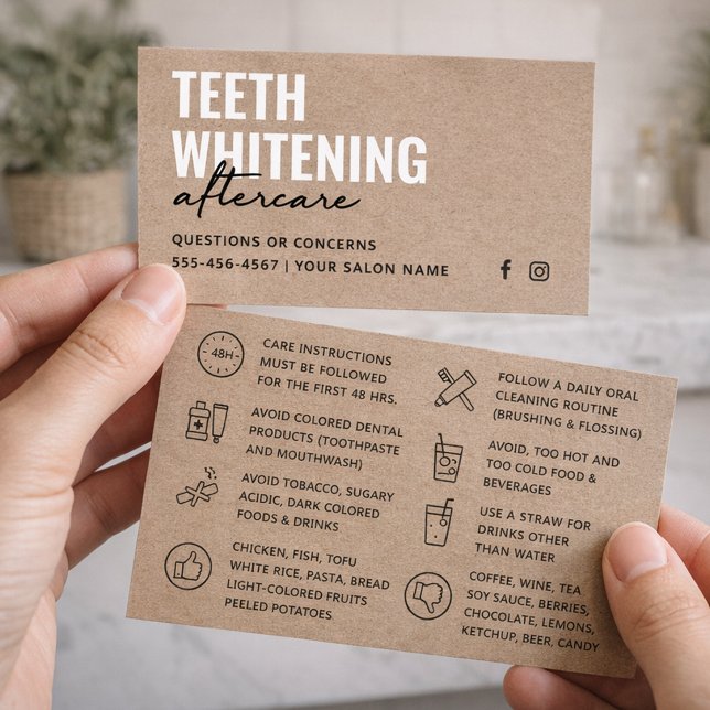 Carte d'après-soins pour dents Eco Premium Kraft (Dental Whitening Aftercare Card Rustic Kraft Care Guide for Clients)