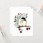 Carte d'Aquarelle Chickadee Charming<br><div class="desc">Découvrez le charme de la nature avec cette adorable aquarelle représentant un mignon poule perché sur une branche ornée de verdure luxuriante et de baies vitrées. Imprimé sur papier de haute qualité, cet imprimé d'art montre l'innocence et la beauté du poulet dans son habitat naturel. Créée avec passion et compétence...</div>