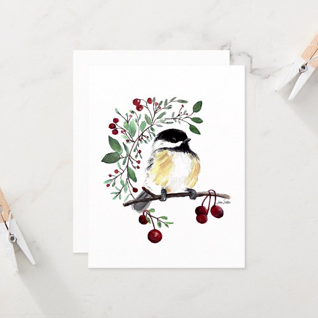 Carte d'Aquarelle Chickadee Charming (Cute chickadee watercolor berries blank note cards from Jenn Steffen Art)