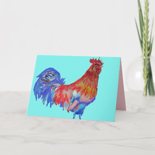 Carte d'aquarelle de coq rouge et bleu Aqua (Devant)