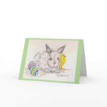 Carte d'aquarelle de Pâques de lapin et de poussin