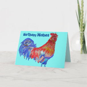 Carte d'aquarelle rouge et bleu Aqua Cockerel