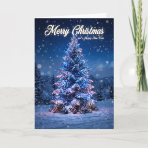 Carte d'arbre de Noël enneigé bleu