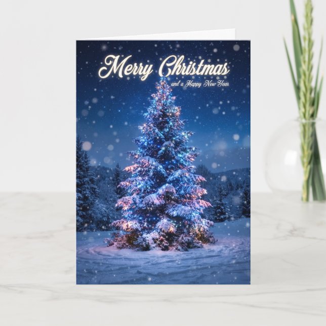 Carte d'arbre de Noël enneigé bleu (Devant)