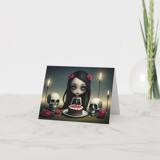 Carte Dark romantique mignonne fille goth avec gâteau d' (Devant)