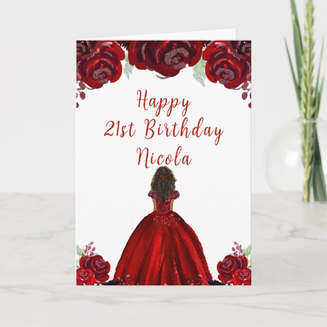 Carte Dark Skin Princess Red Floral Birthday (Devant)